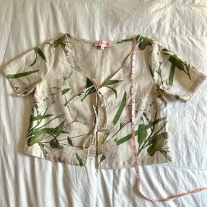 Lisa Says Gah Tie-Front Floral Linen Top Size Medium